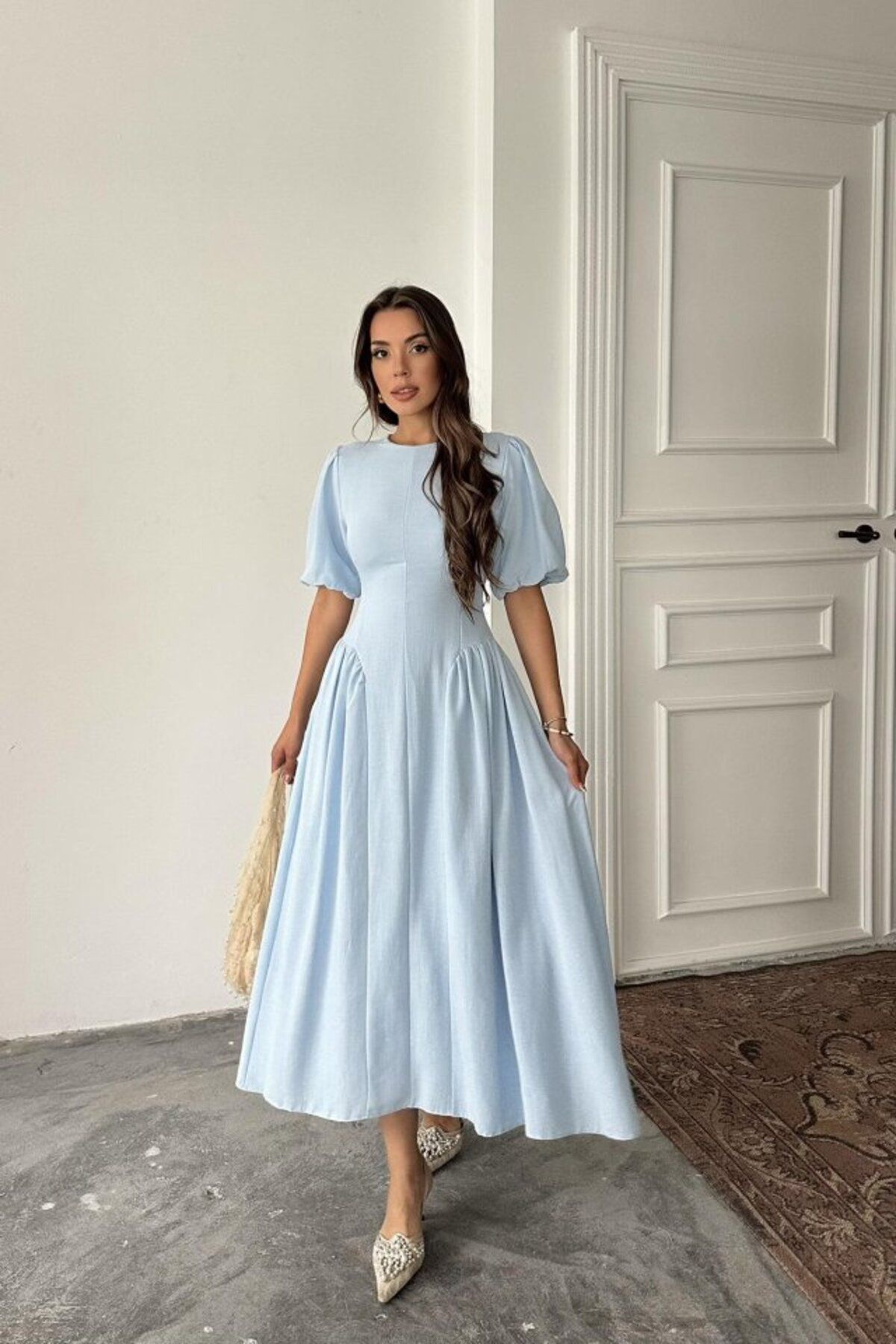 velmorafashion Mavi Arkadan Bağlamalı Büzgülü Keten Elbise