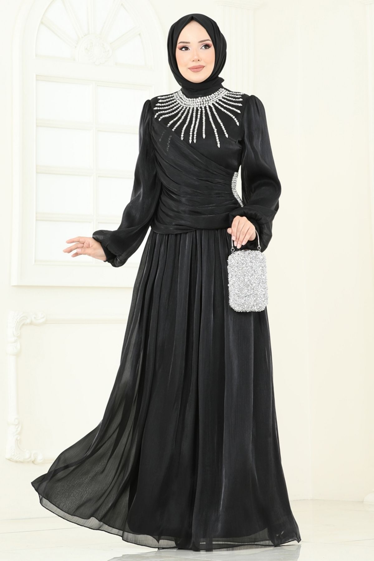 Modaselvim SUAL Önü Taşlı Organze Abiye 6238LPN858 Siyah