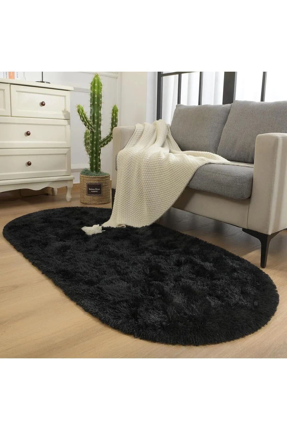 Serenest Home Siyah Oval Peluş Halı Post Kürk Yumuşak Halı Kaymaz Taban Makinede Yıkanabilir
