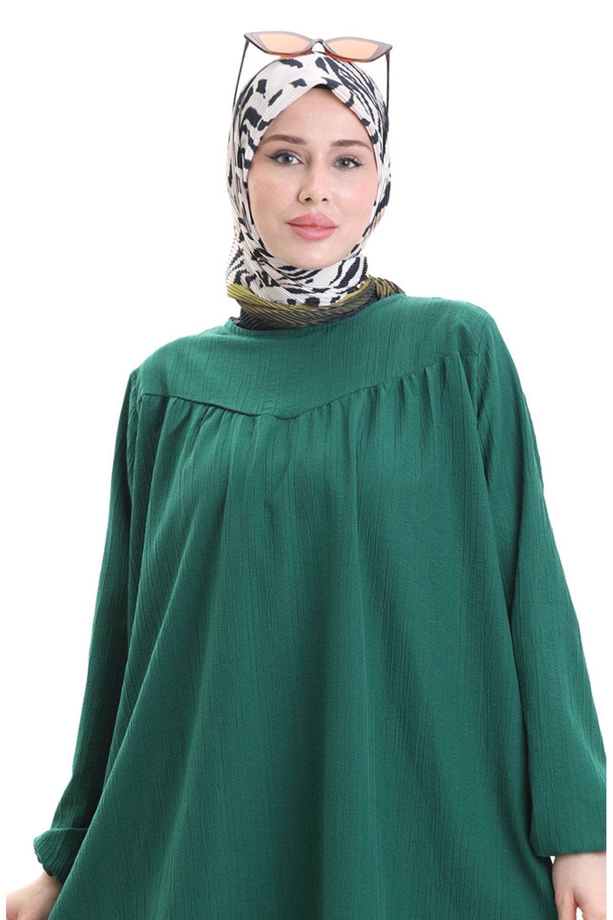 sefamerve-Tunic Trousers with Elastic Sleeves Double Set 0103-03 Emerald Green 4