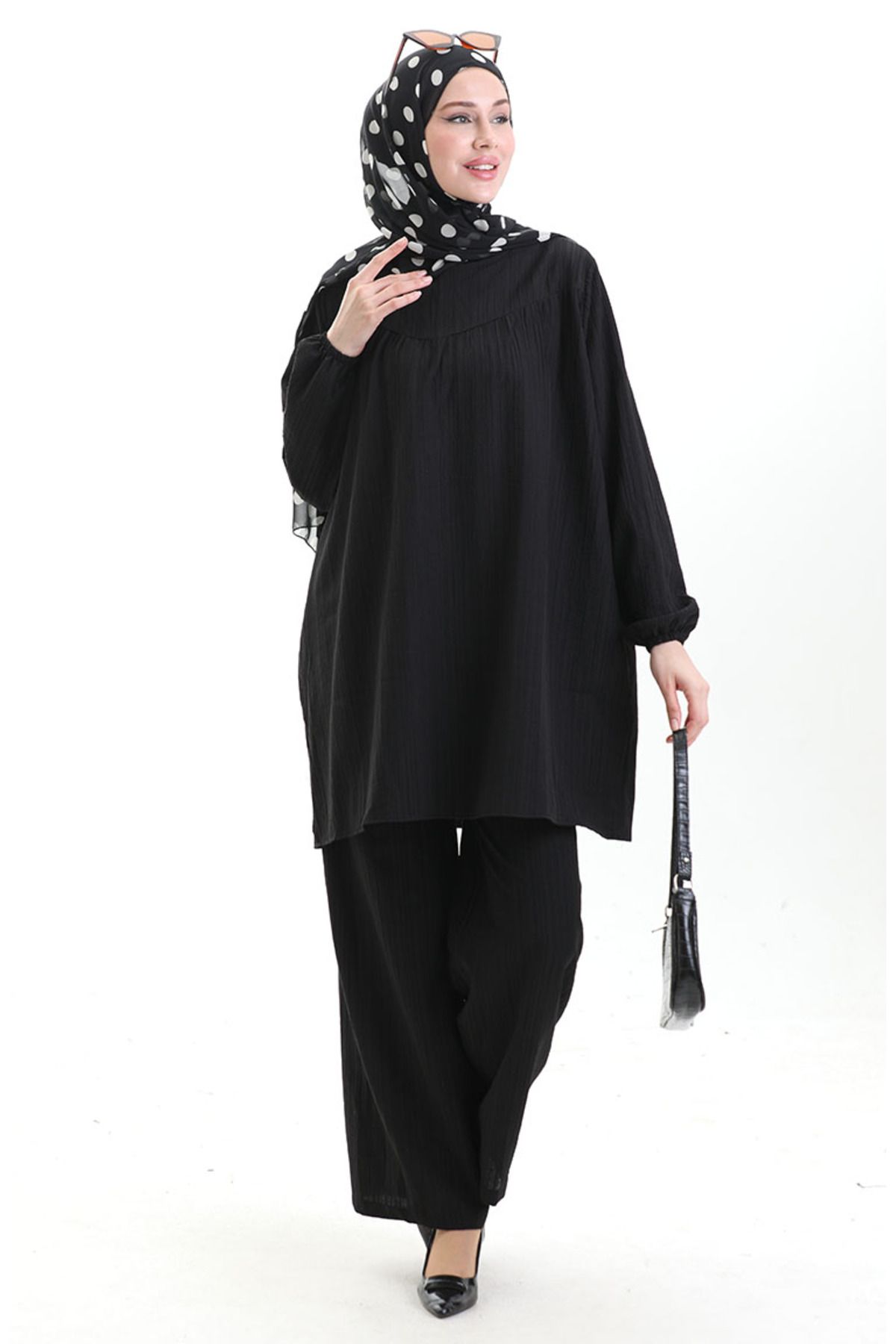 sefamerve-Tunic Trousers with Elastic Sleeves Double Set 0103-01 Black 2