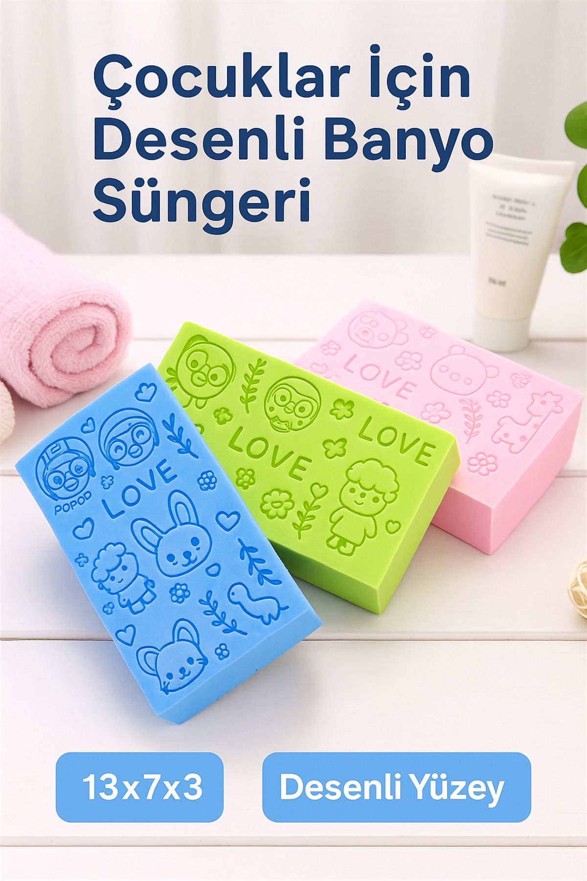 UGA İthalat Çocuklar İçin Desenli Banyo Süngeri – Yumuşacık, Eğlenceli, Renkli Temizlik Süngeri