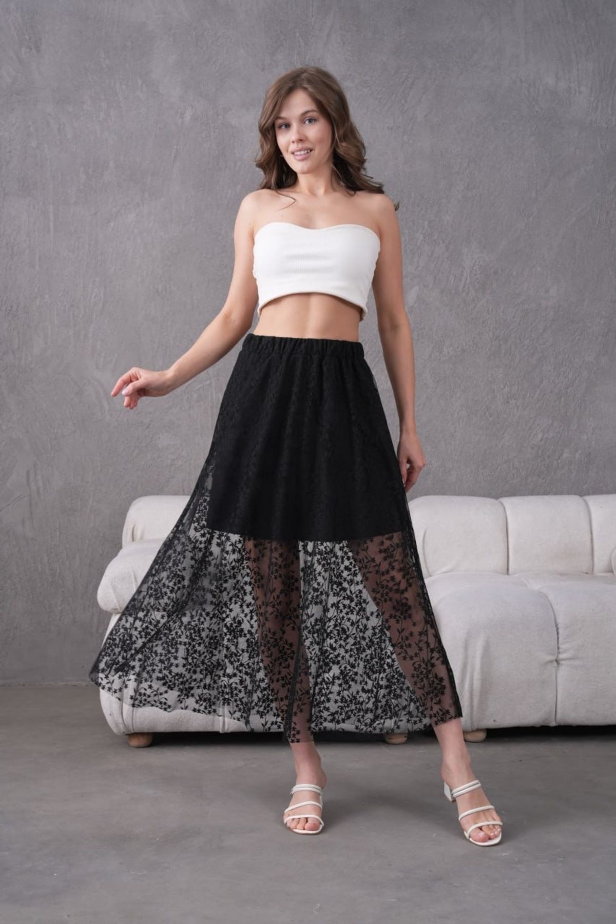 Noi Belis Maxi Boy Beli Lastikli Dantel Detaylı Astarlı İnce Yazlık Etek SS25ET0002