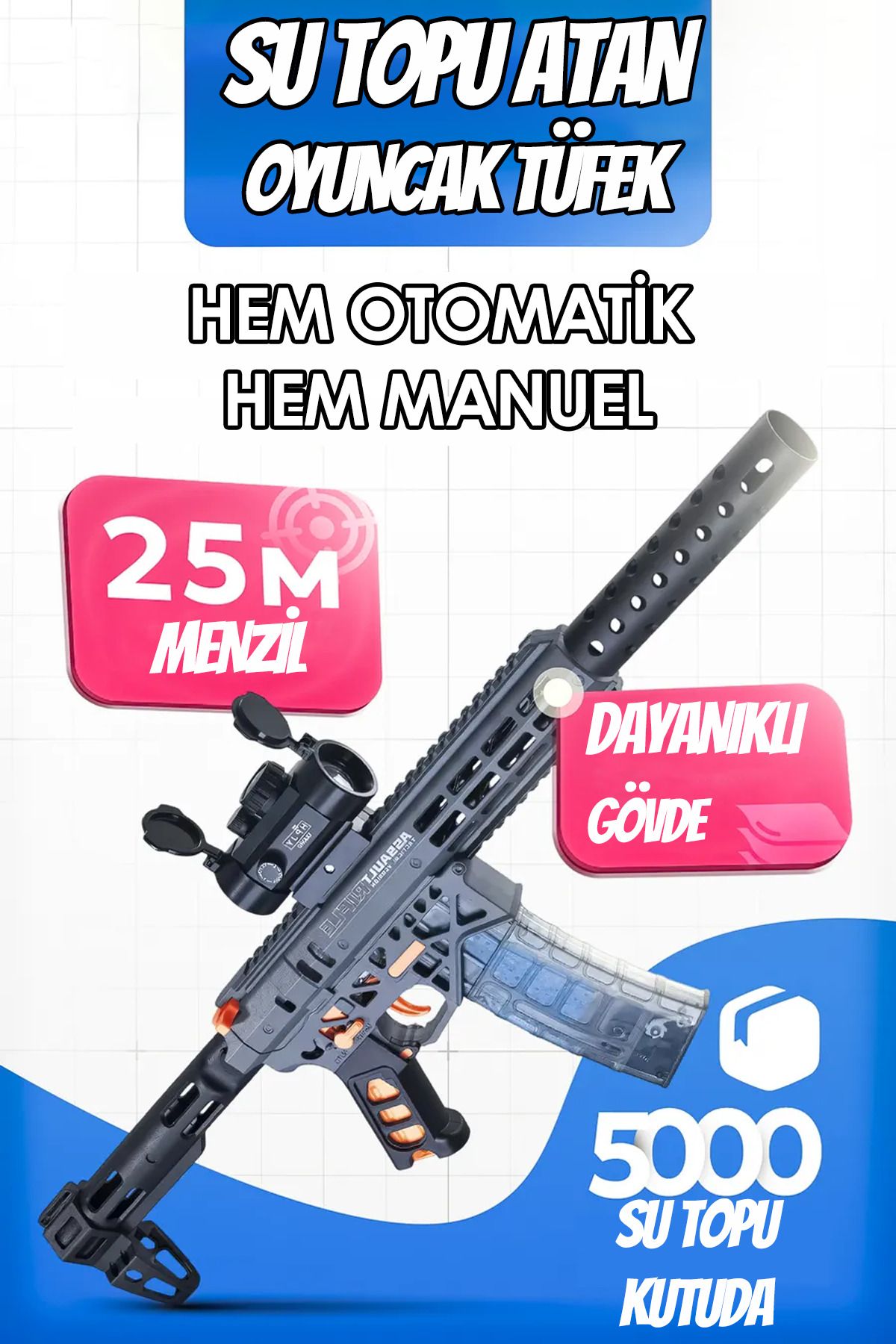Mofy Baby MK6 Su Topu Atan Oyuncak Tüfek Gel Blaster 71 cm Büyük Boy Hem Otomatik Hem Manuel