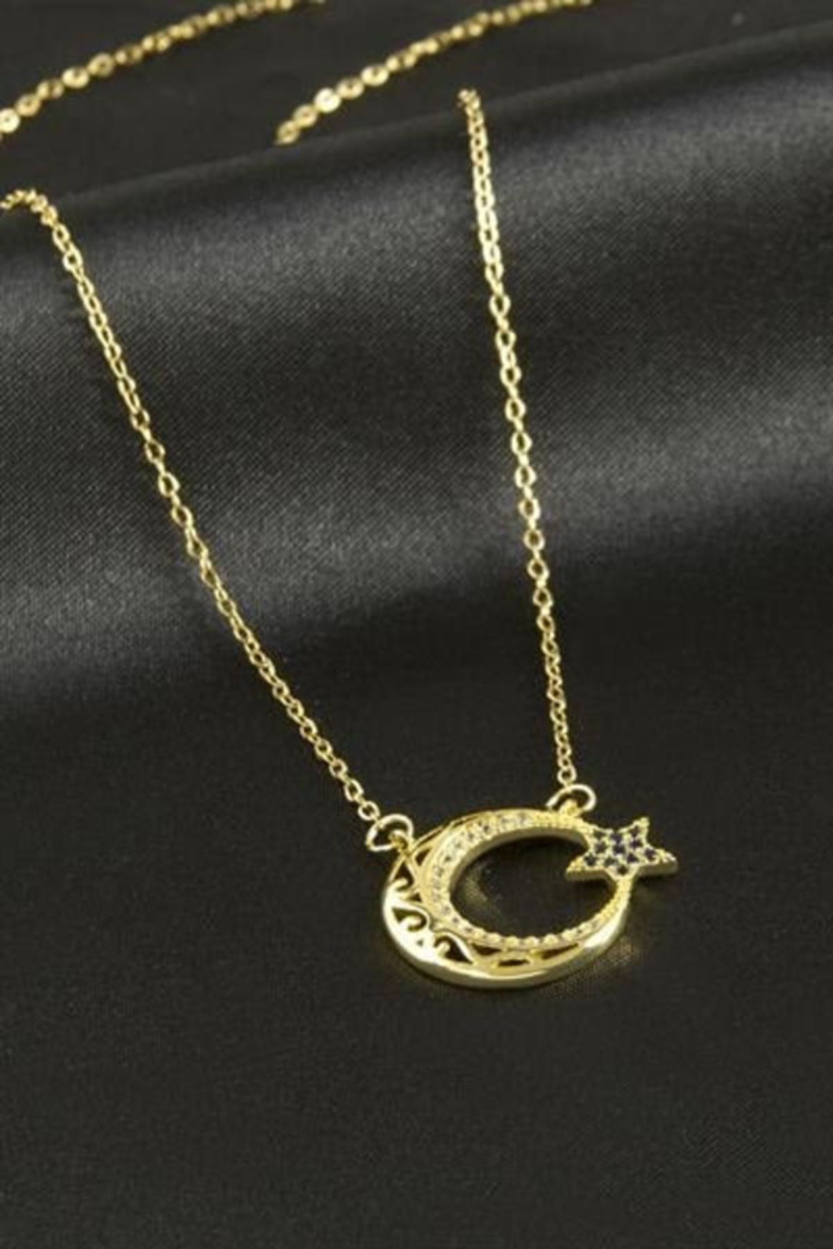 sosyeteyim Ay Yıldız Zirkon Taşlı Lüks Çelik Kolye Gold