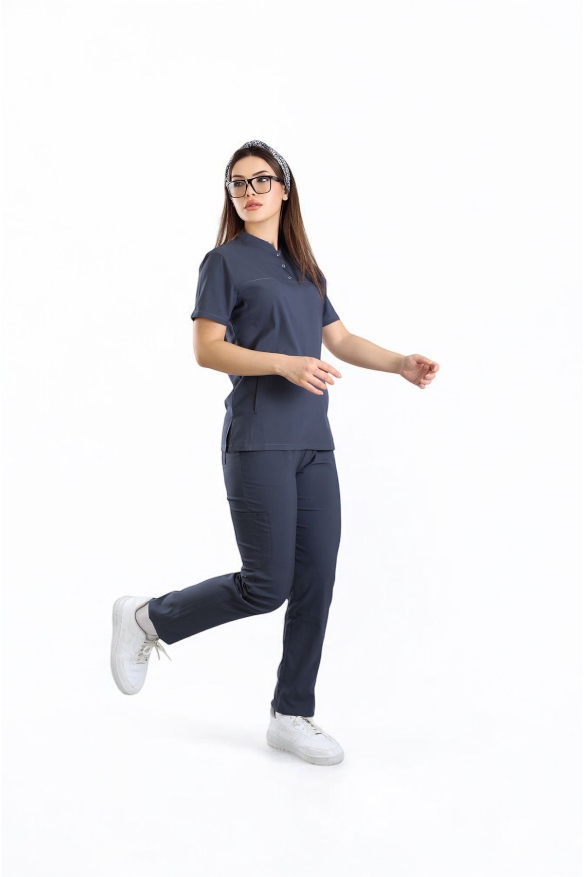 By Terzi Medikal Kadın KYBELE Antrasit (Takım) Likralı Scrubs (Hakim Yaka) Doktor ve Hemşire Forması