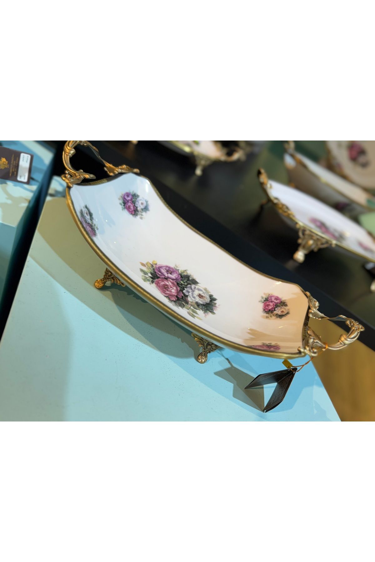 hediye ESTERHOMEDECOR Ayaklı sunum tabağı 43*21*14cm kulplu çiçekli sunumluk
