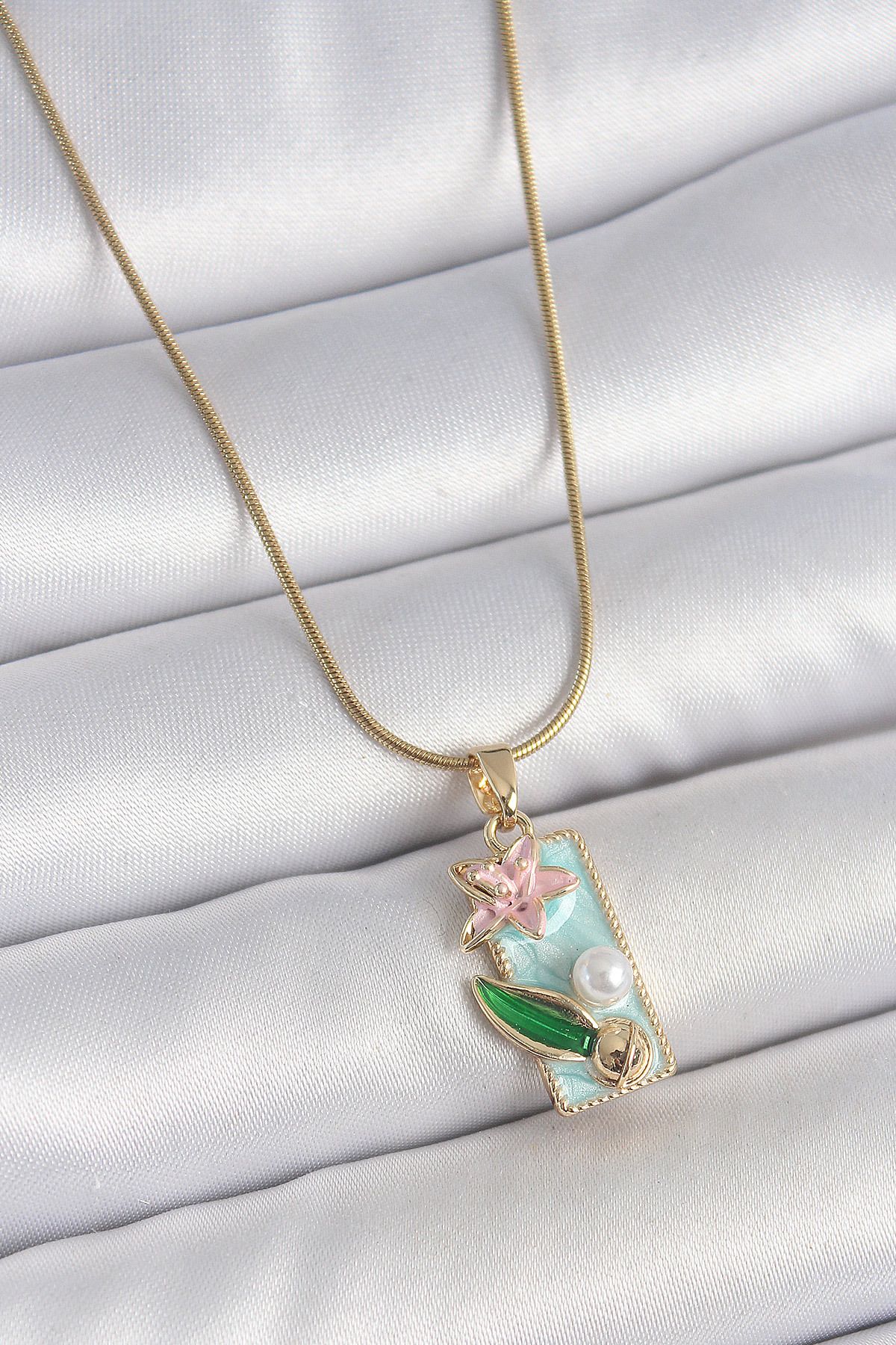 Angel Of Life 316L Çelik Gold Renk Zincir Mavi Mineli Pembe Çiçek İşlemeli İnci Detay Dikdörtgen Portre Model Kadı