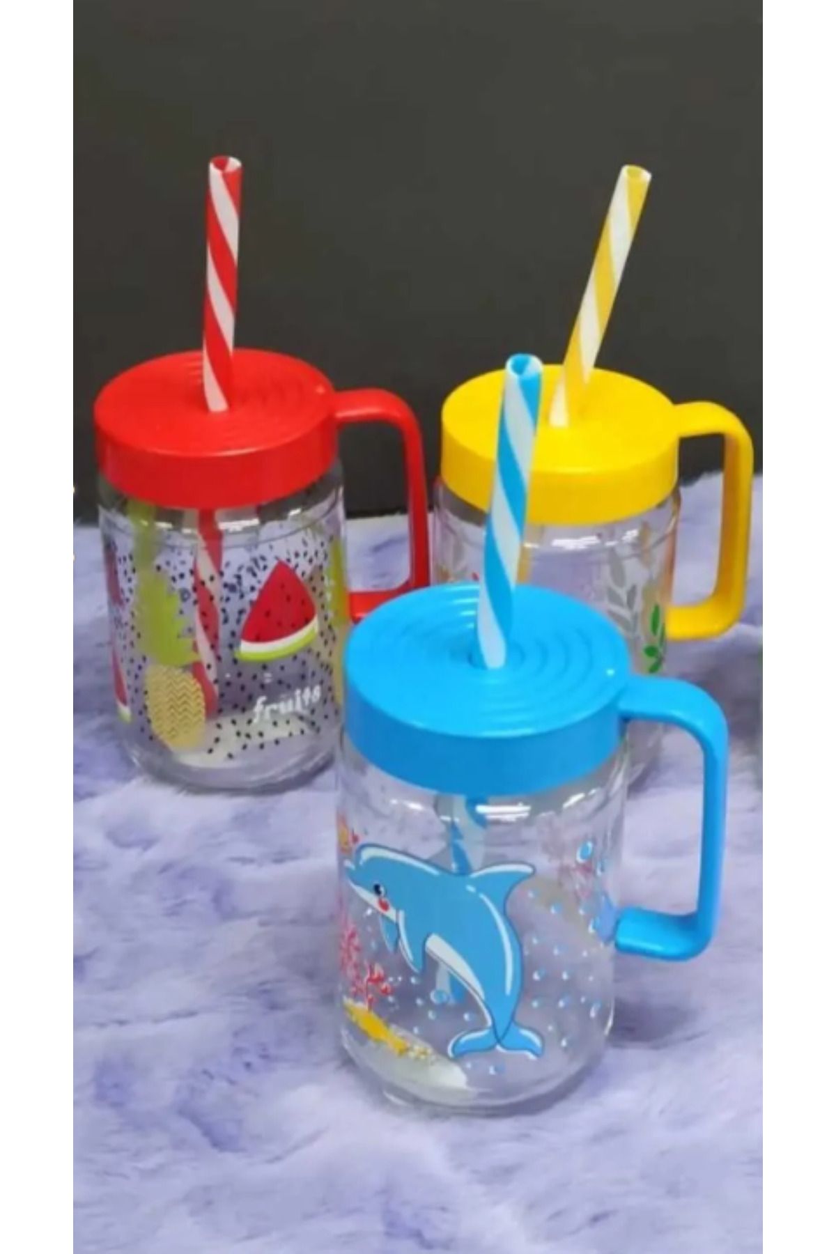 Herevin Üçlü 370 Cc Pipetli Karışık Desenli Kulplu Bardak