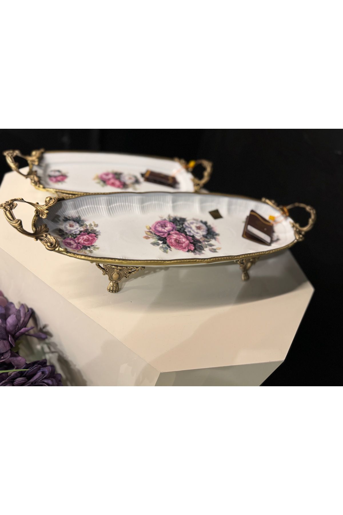 hediye ESTERHOMEDECOR Ayaklı sunum tabağı 44*15*11cm kulplu çiçekli sunumluk