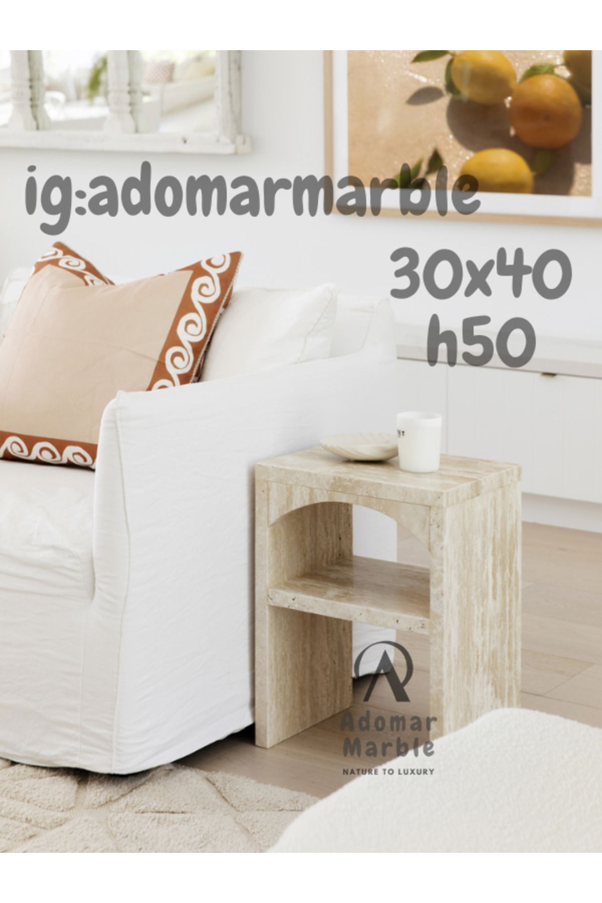 adomarmarblehandmadeandluxury TRAVERTEN MERMER YAN SEHPA, ZİGON Sehpa, Özel Ölçü, %100 Mermer sehpa, Minimal & Modern Tasarım