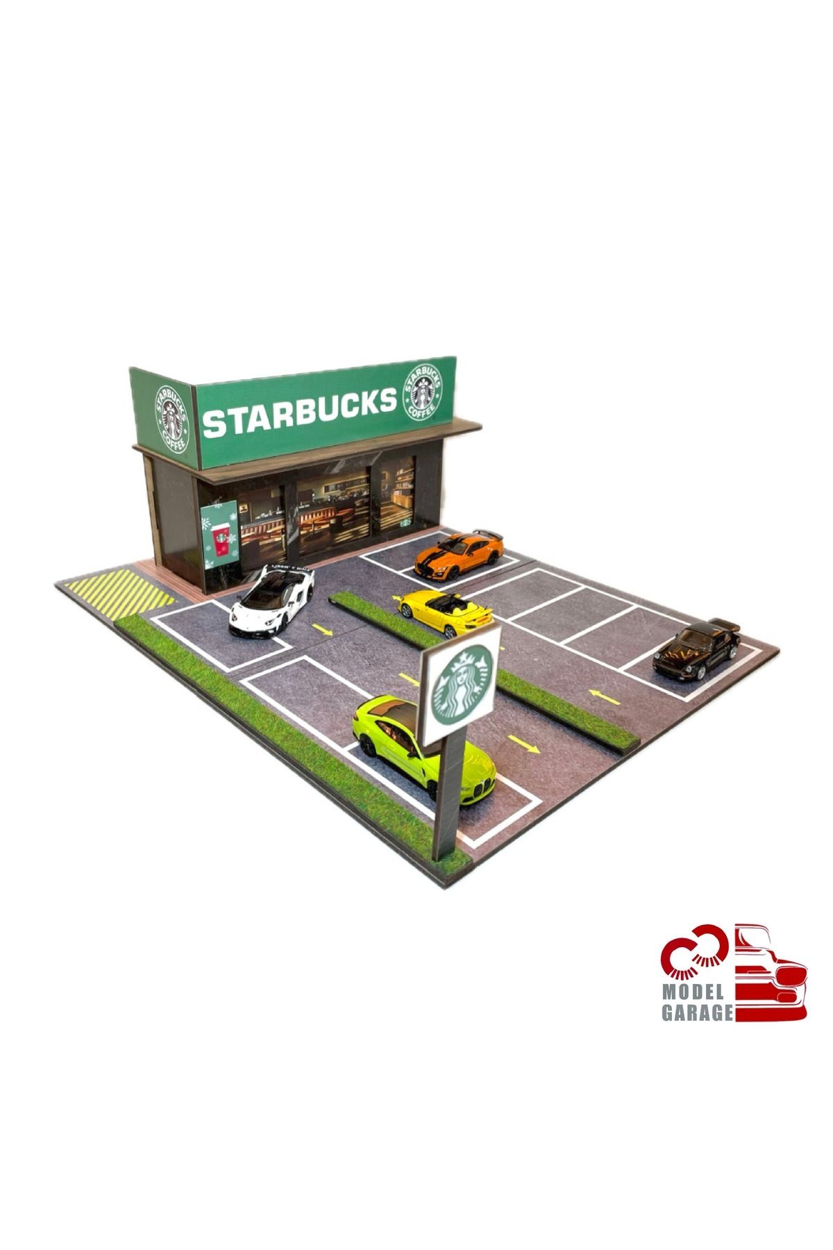 C&C Model Garage 1/64 Ölçek Starbuck.s Araç Otoparkı Diorama Diecast Sergileme Standı Rafı Araba Garajı Oyuncak