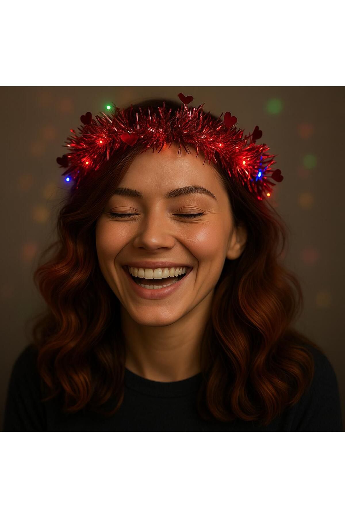 feifei Kalp Püsküllü Gece Parıltısı 3 Modlu Led&Amp;#39;Li Işıklı Taç Kırmızı Renk