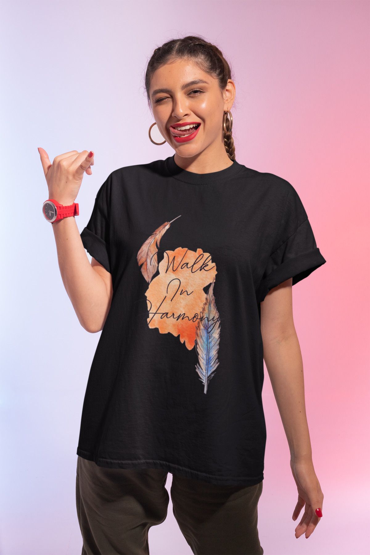 MAGORS WALK IN BASKILI BİSİKLET YAKA PAMUKLU OVERSIZE KALIP KISA KOLLU KADIN TSHIRT
