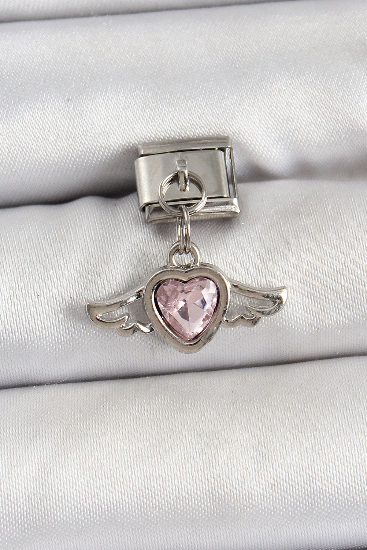 Angel Of Life 316L Çelik Gümüş Renk Pembe Kanatlı Kalp Model Nomination Charm - TJ-BC1489