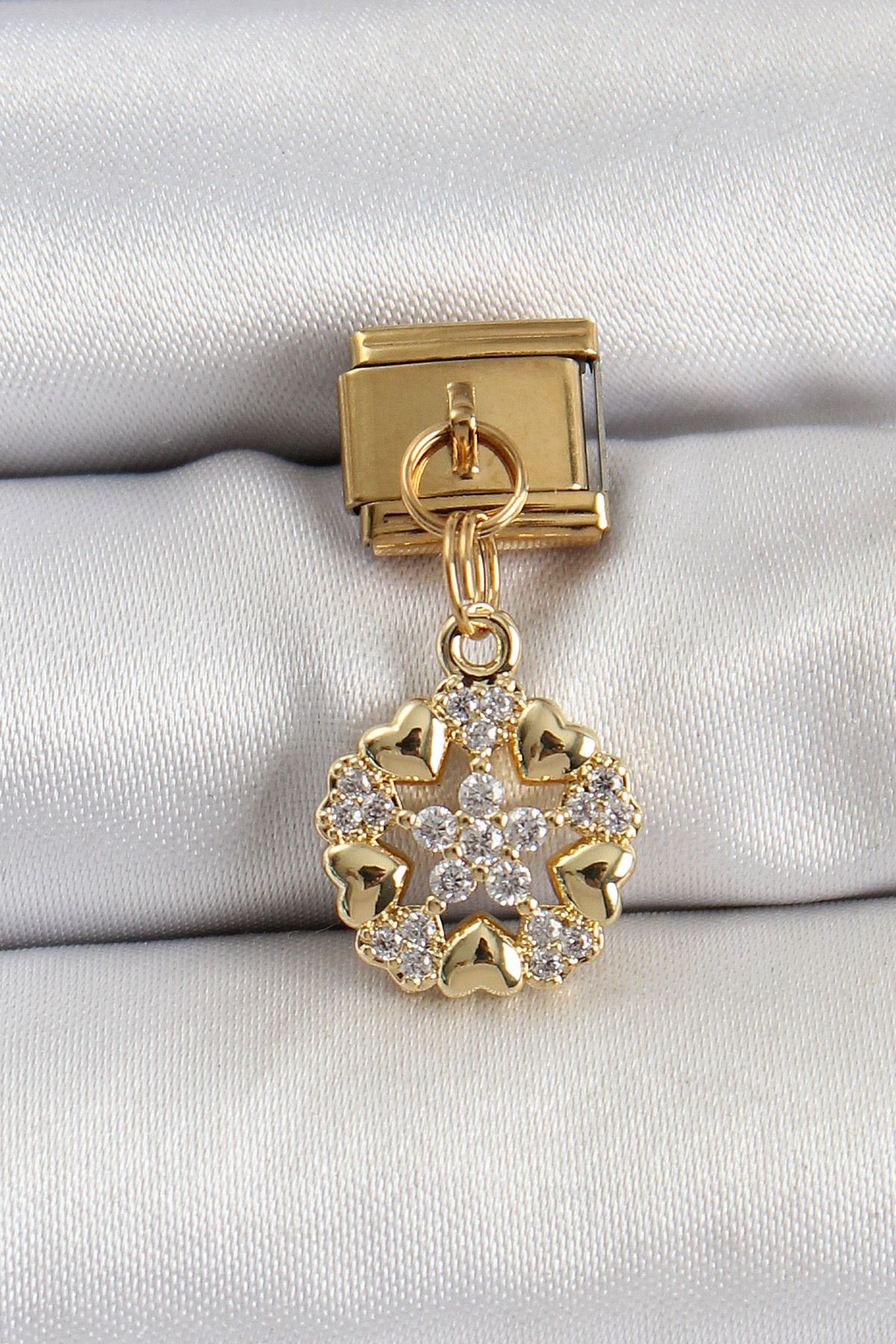 Angel Of Life 316L Çelik Sallantılı Zirkon Taşlı Kalp Detaylı Yıldz Model Gold Renk Nomination Charm - TJ-BC1415