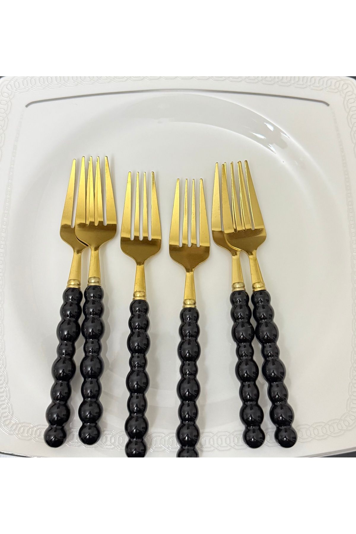 Dore Always 6 lı Gold Detaylı Siyah İncili Plastik Çatal Takımı