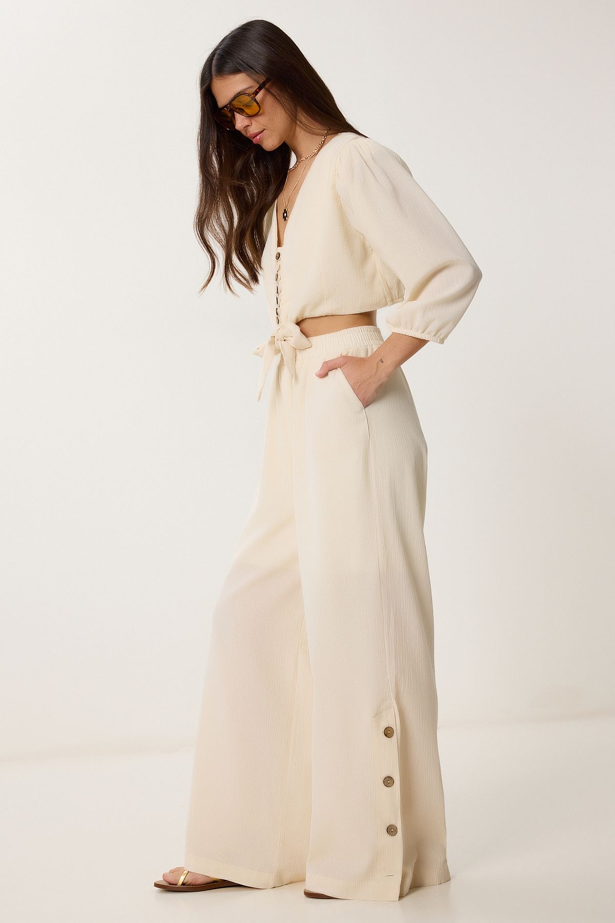 Lovelyİstanbul Keten Crop Bluz Pantolon Takım KREM LRV0107