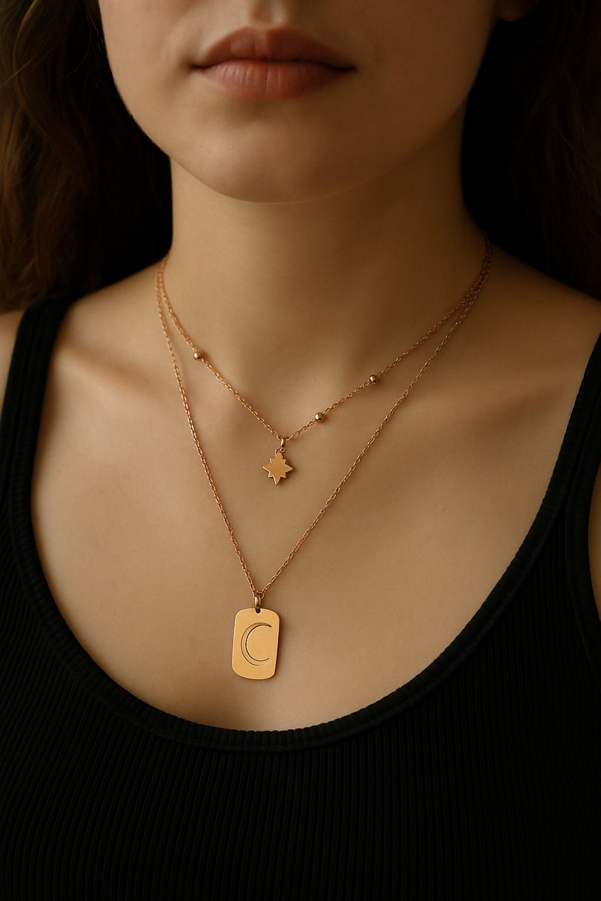 CLOVER JEWELRY Ay ve Kuzey Yıldızı İkili Çelik Kolye