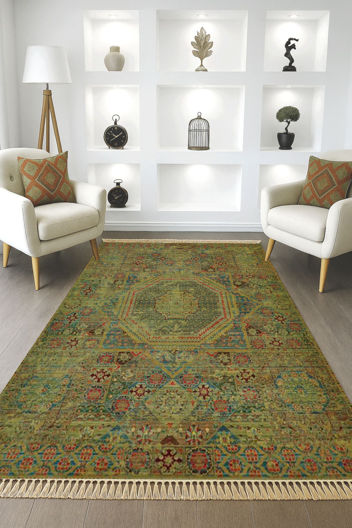 Rugs Modern Halı Leyla Koleksiyonu Yeşil Eskitme Görünümlü Püskül Detaylı Dokuma Taban Dekoratif Halı leyla70