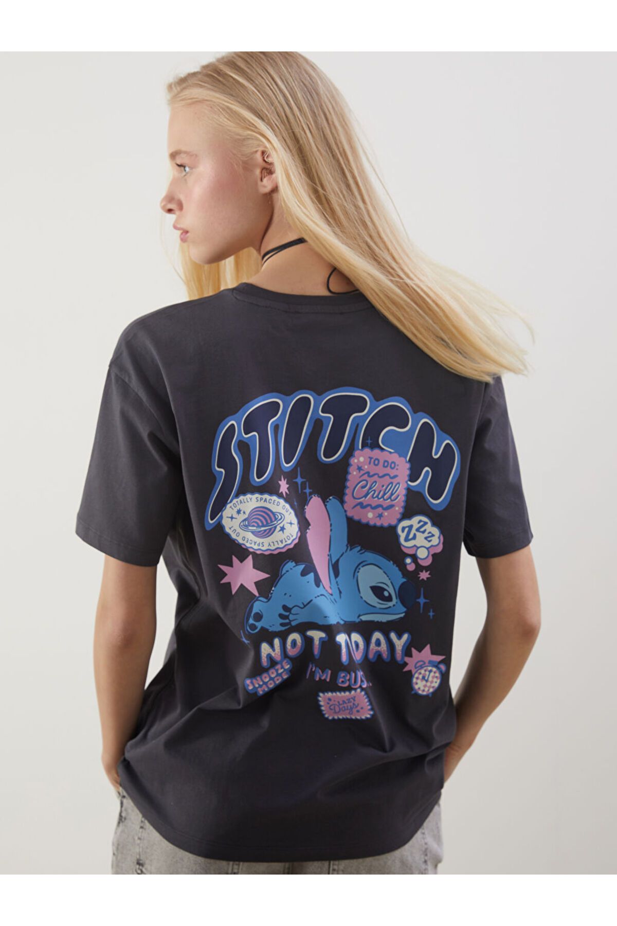 LC Waikiki XSIDE Antrasit Bisiklet Yaka Stitch Baskılı Kadın Tişört