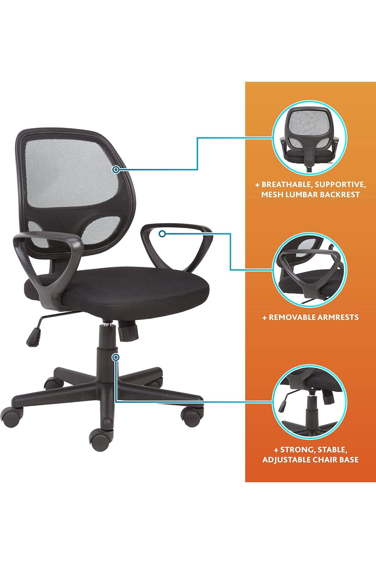 COOYA-Office Computer Chair Seat,Height Adjustable 360° Swivel,with Armrests,Upholstered Mesh,Low-Back 2