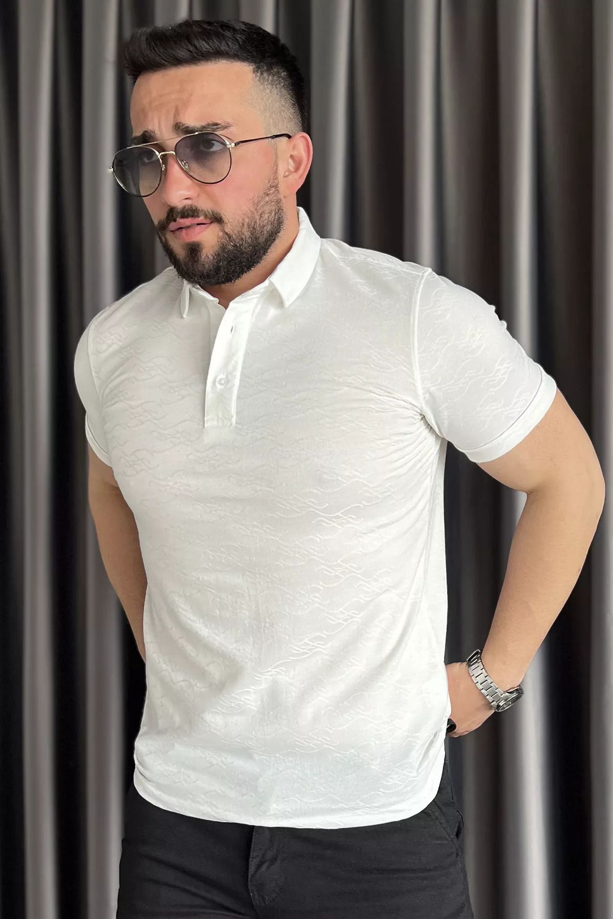 MİSHAR İTALİA Krem Polo Yaka Yarım Düğmeli Erkek Tişört