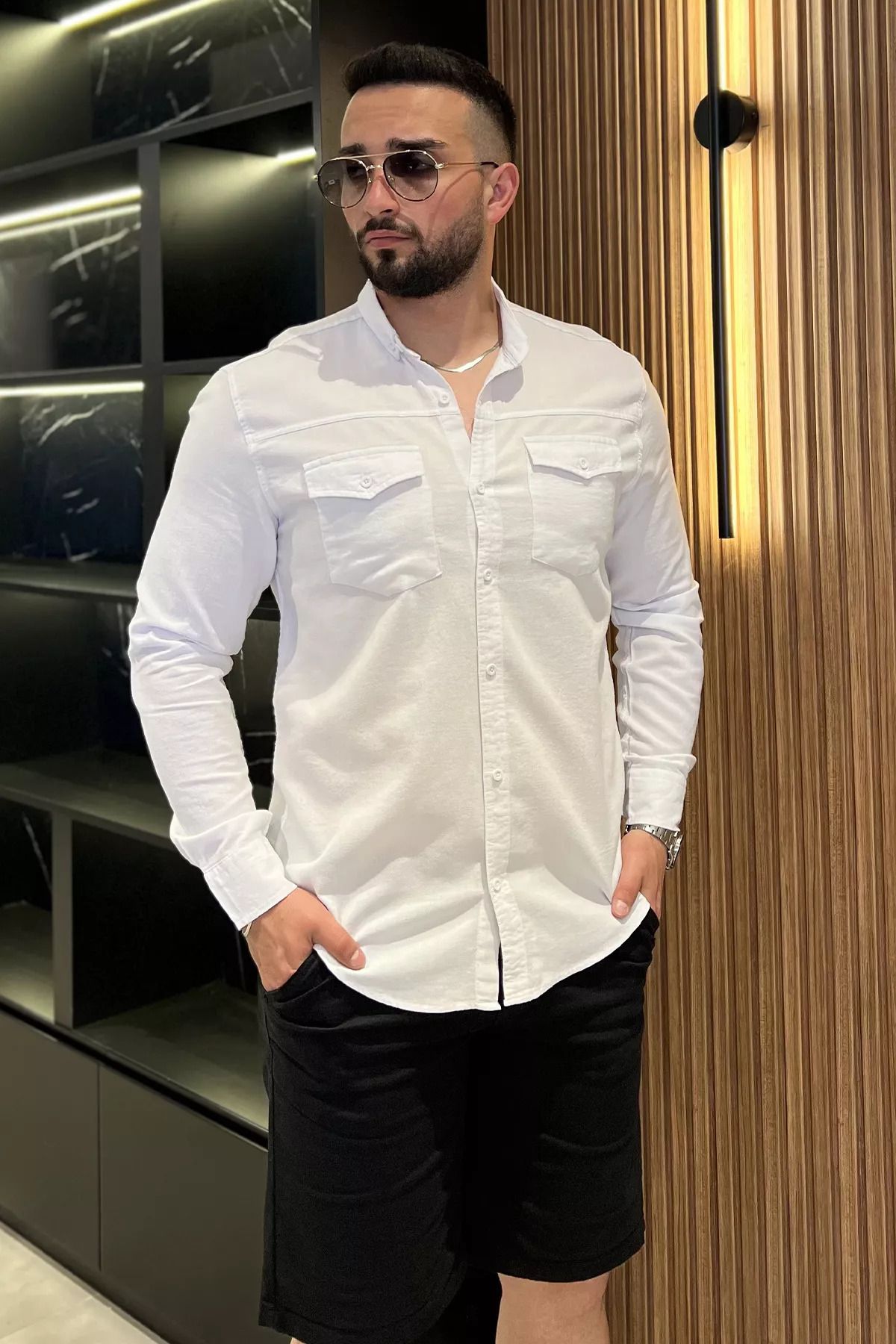 MİSHAR İTALİA Beyaz Çift Cepli Erkek Uzun Kol Gömlek
