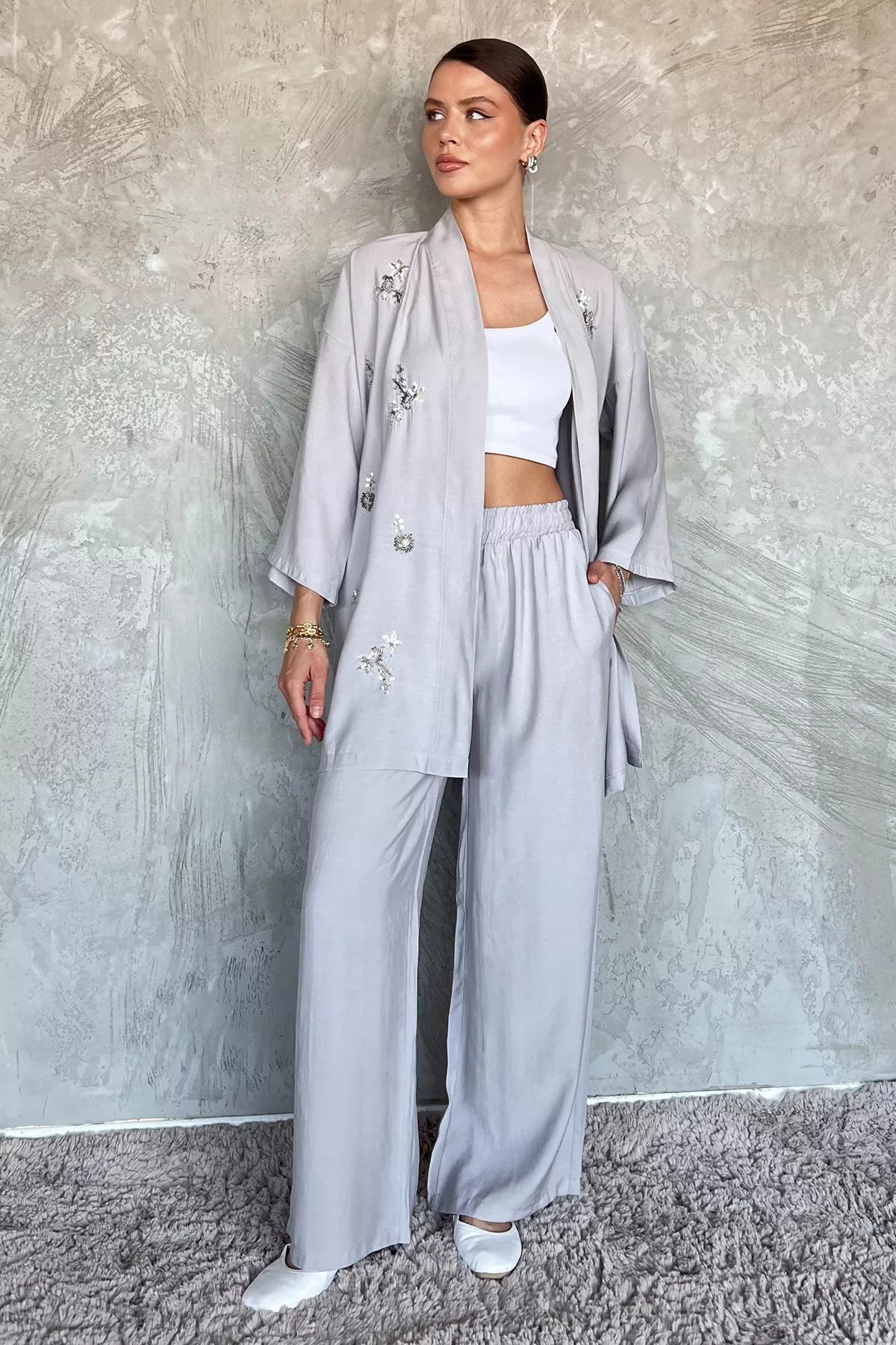 julude Gri Taşlı Kimono Pantolon İkili Takım