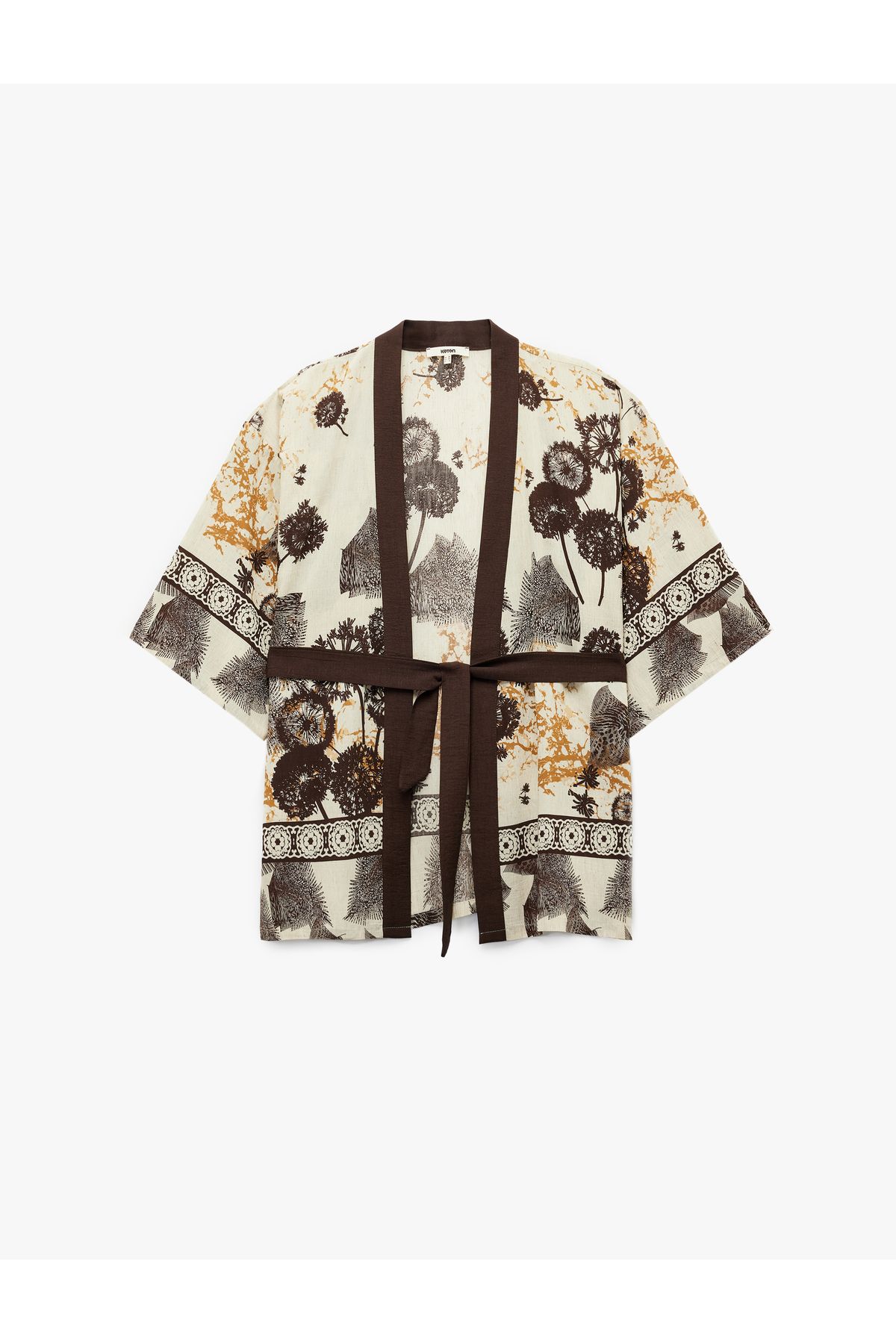 Koton Kemerli V Yaka Yarım Kollu Çiçek Desenli Keten Karışımlı Kimono