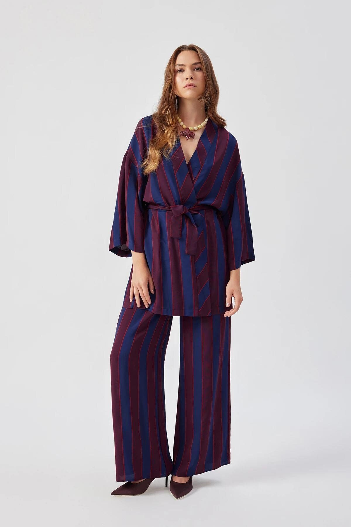 Tpc.Point Collection Kadın Bordo-Lacivert Beos Kimono Çizgili Bağlamalı