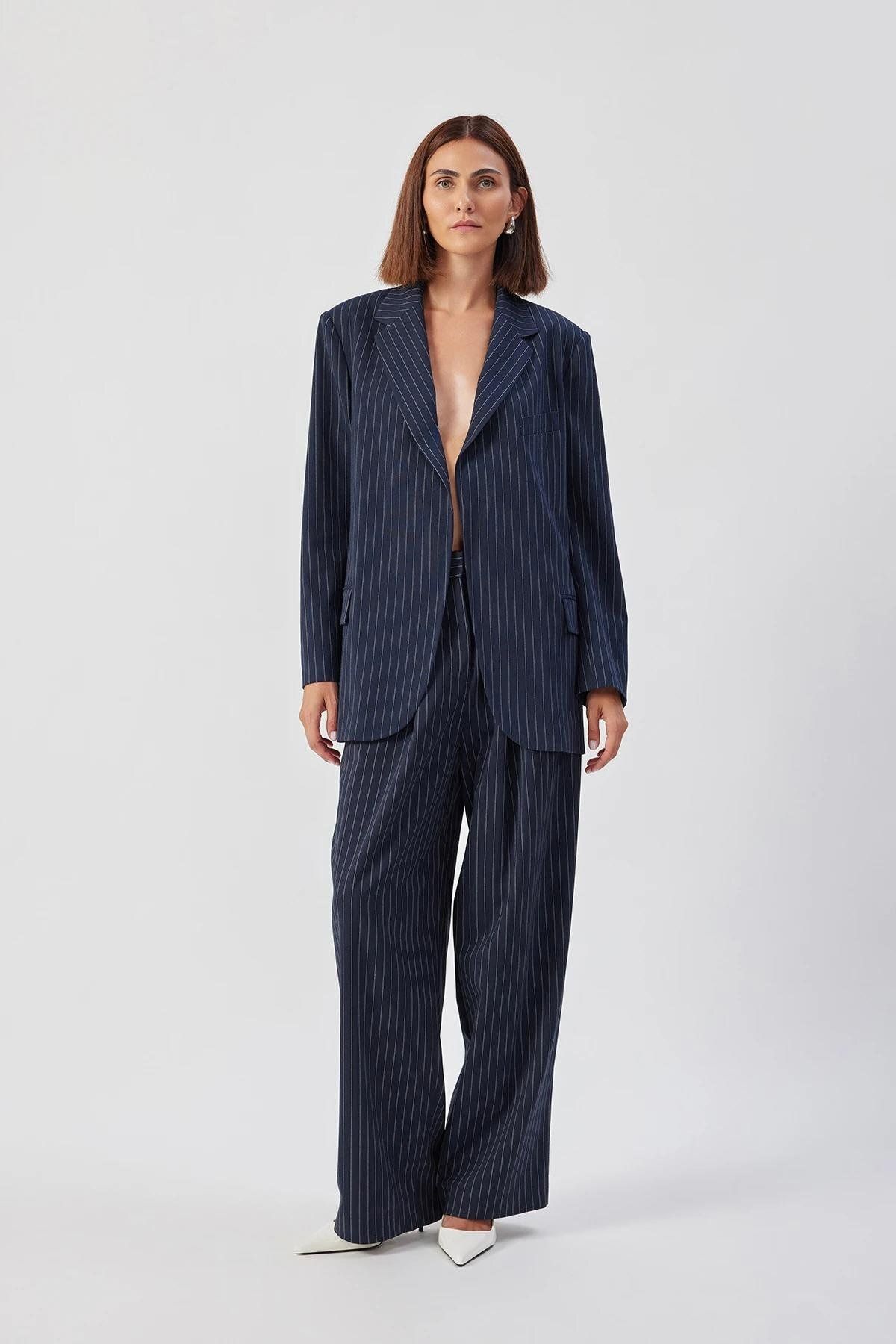 Tpc.Point Collection Kadın Lacivert Iva Jacket Kruvaze Yaka Çizgili Ceket