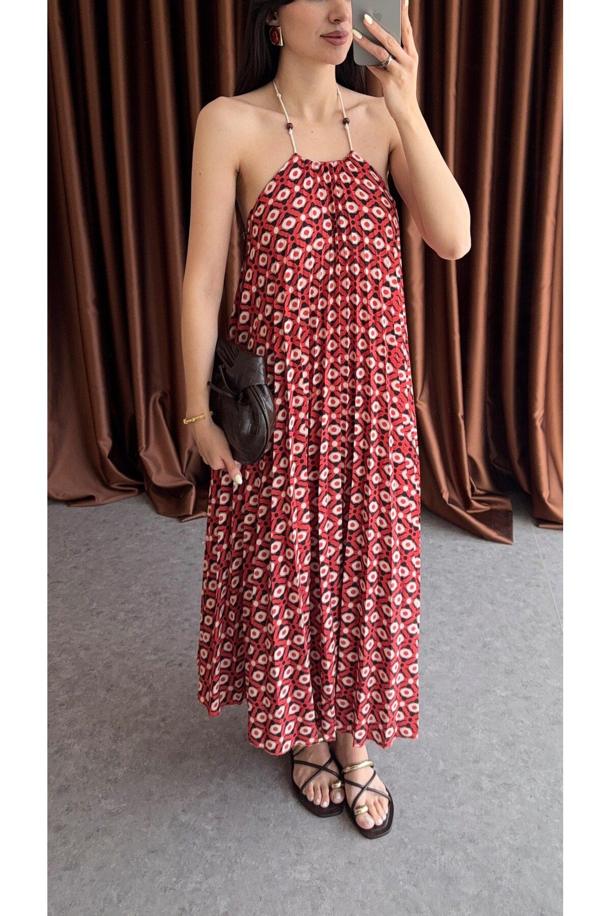 Kese Fashion Store Boncuk Detaylı Bağlamalı Maxi Boy Elbise