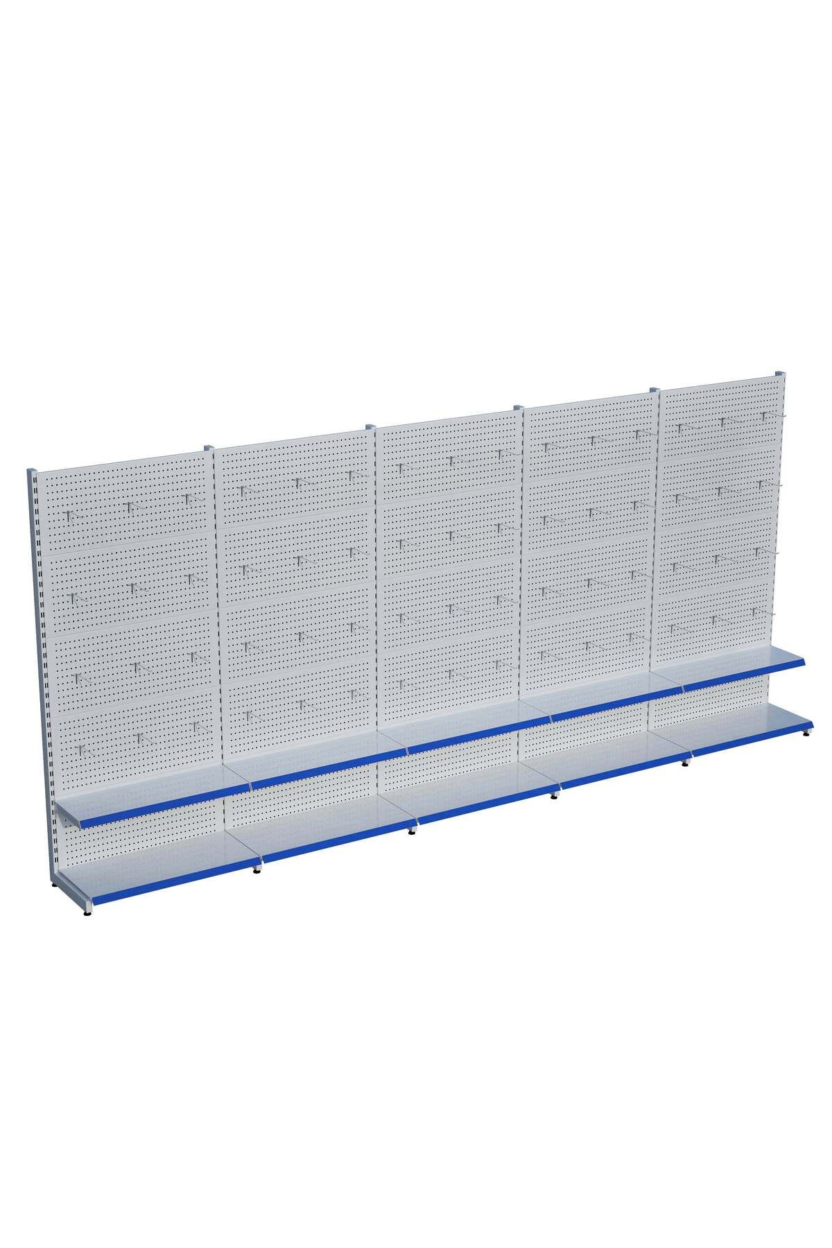 Raffar Beyaz Market Petshop Kırtasiye Rafı Hırdavat Rafı D30CMxG500CMxH220CM Beyaz Delikli Pano + Kancalı R