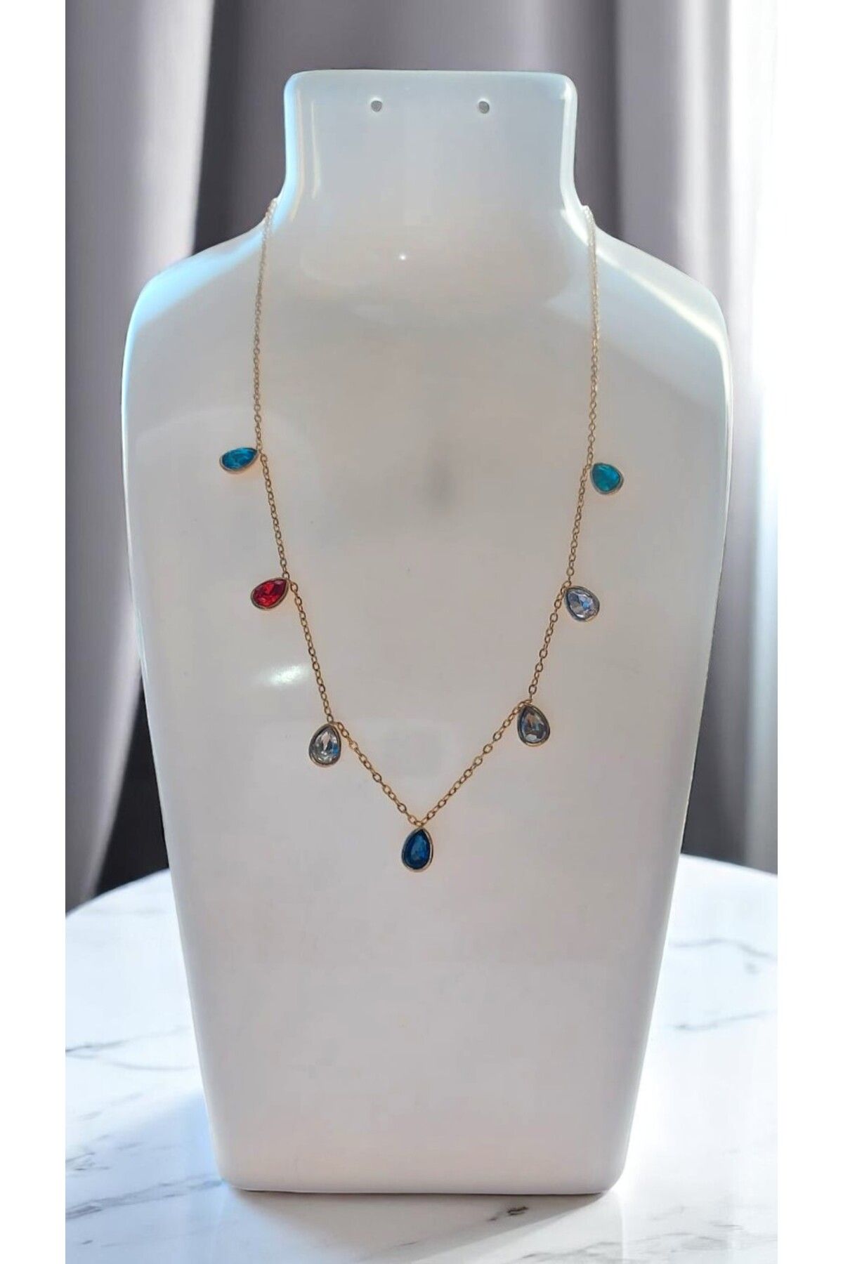 NOVA JEWELLERY Renkli Damla Zirkon Taşlı Paslanmaz Çelik Kolye |STEEL NECKLACE