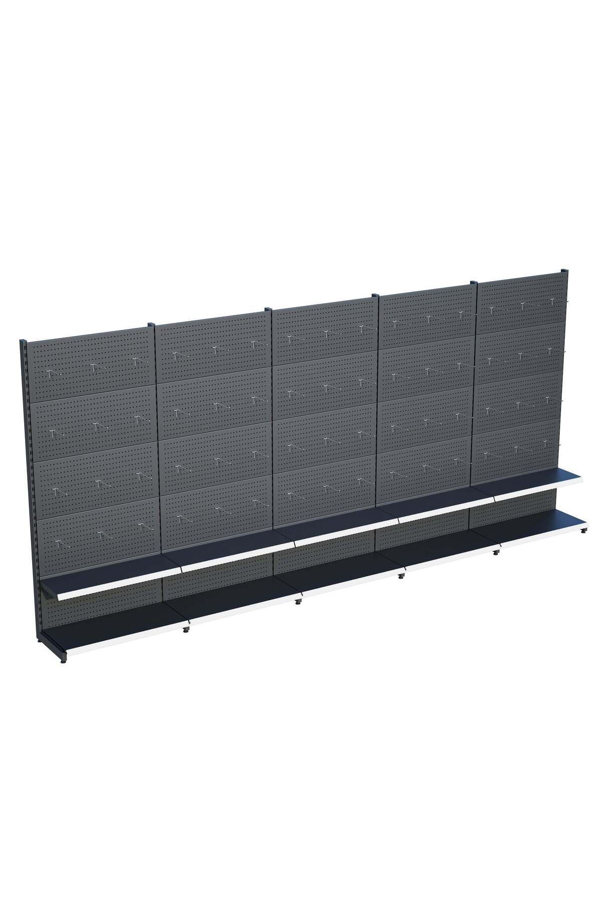Raffar Antrasit Market Petshop Kırtasiye Rafı Hırdavat Rafı D30CMxG300CMxH220CM Antrasit Delikli Pano + Kan