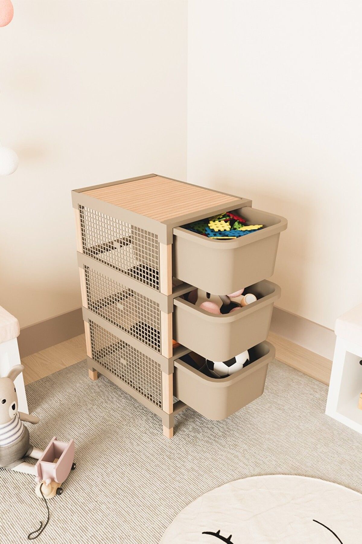 FixWood Ahşap 3 Katlı 30 LT Fonksiyonel Çekmece Organizer Çok Amaçlı Çekmeceli Dolap