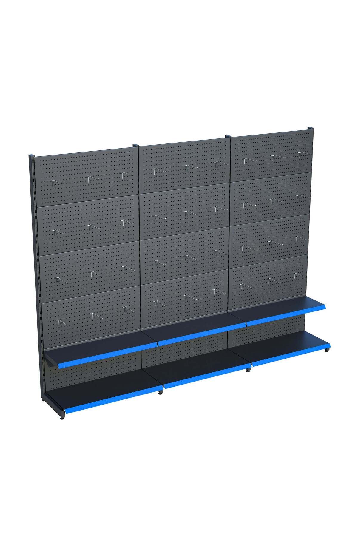 Raffar Antrasit Market Petshop Kırtasiye Rafı Hırdavat Rafı D30CMxG300CMxH220CM Antrasit Delikli Pano + Kan