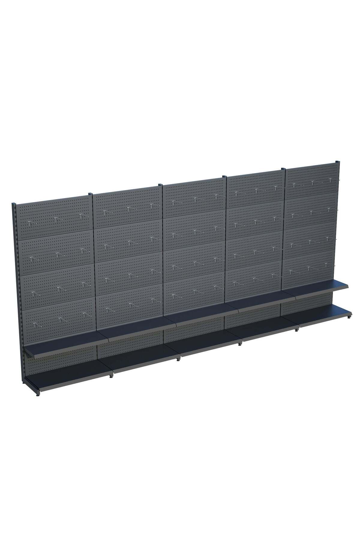 Raffar Antrasit Market Petshop Kırtasiye Rafı Hırdavat Rafı D30CMxG300CMxH220CM Antrasit Delikli Pano + Kan
