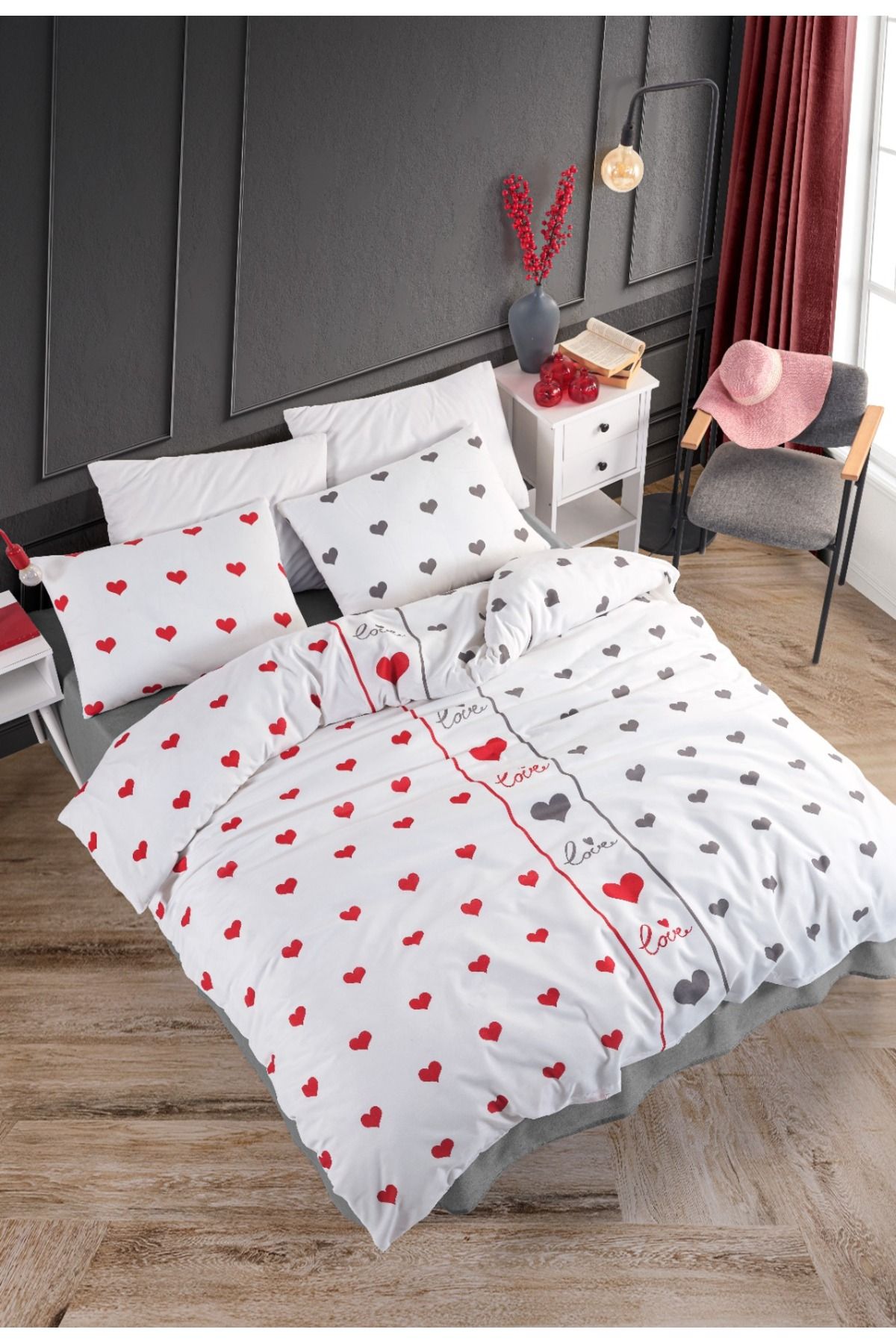LARİNA Çift Kişilik Nevresim Takımı Lastikli Çarşaflı Love Trend