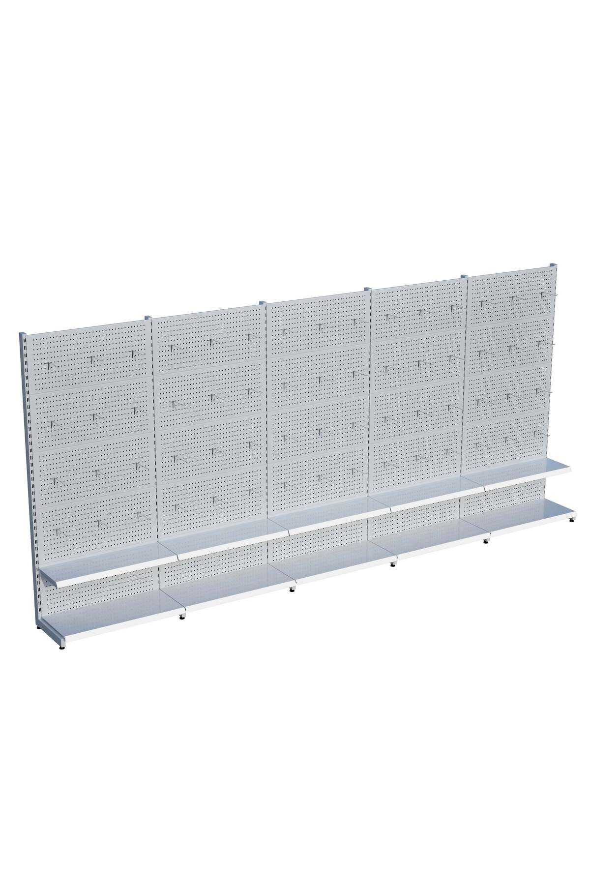 Raffar Beyaz Market Petshop Kırtasiye Rafı Hırdavat Rafı D30CMxG400CMxH220CM Beyaz Delikli Pano + Kancalı R