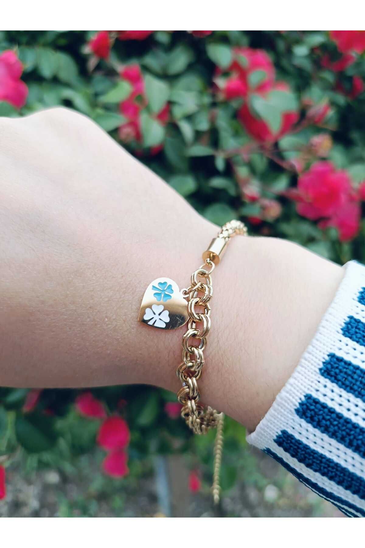 GLOW LUXE 316L Gold Renk Kadın Kalın Zincir Yonca Detaylı Kalpli Çelik Bileklik