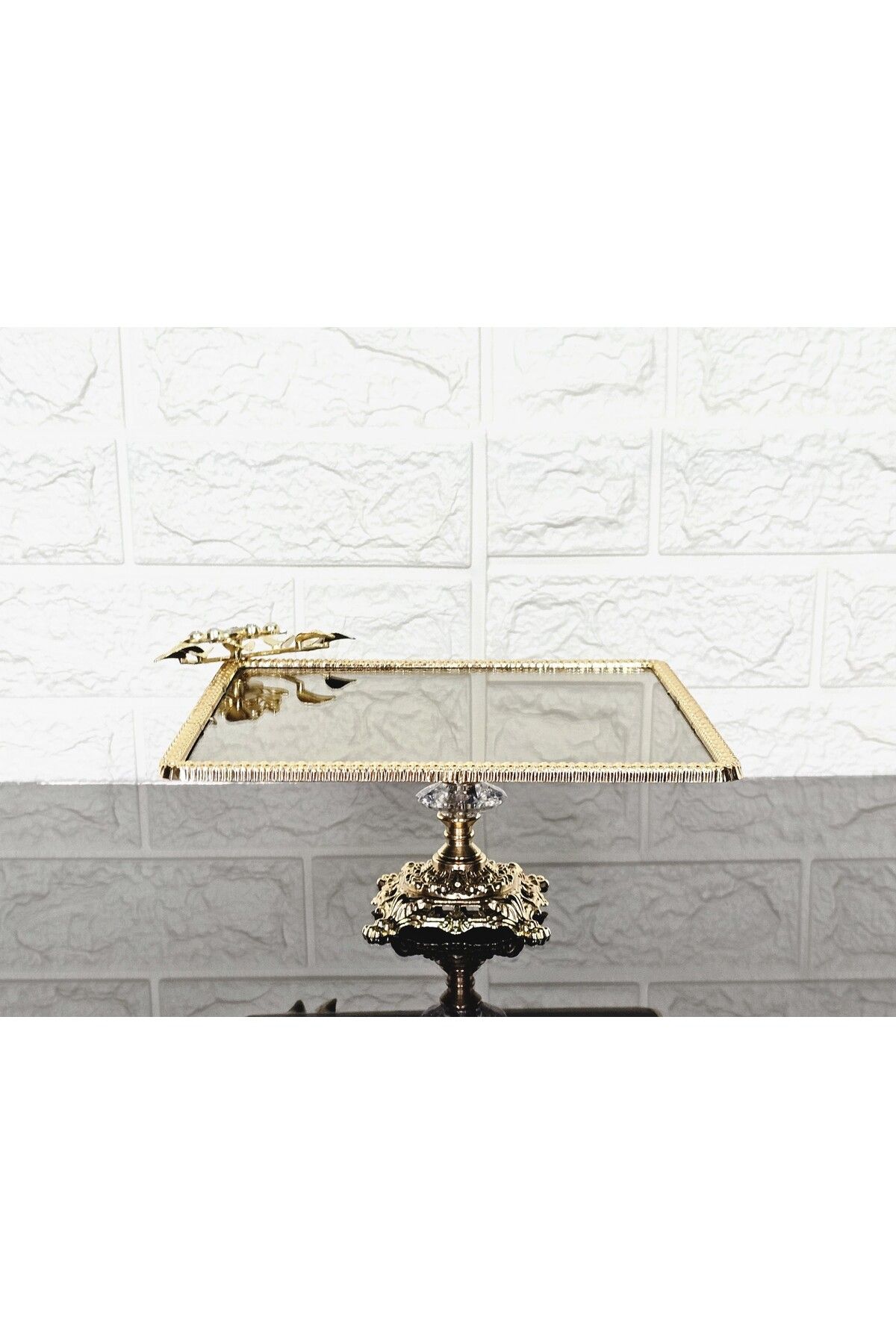 atabey home-Bronze Glass Large Square Serving Plate-Presentation Plate-Word Tray-Presentation Tray-Dumped Gold Frame 27cm 4