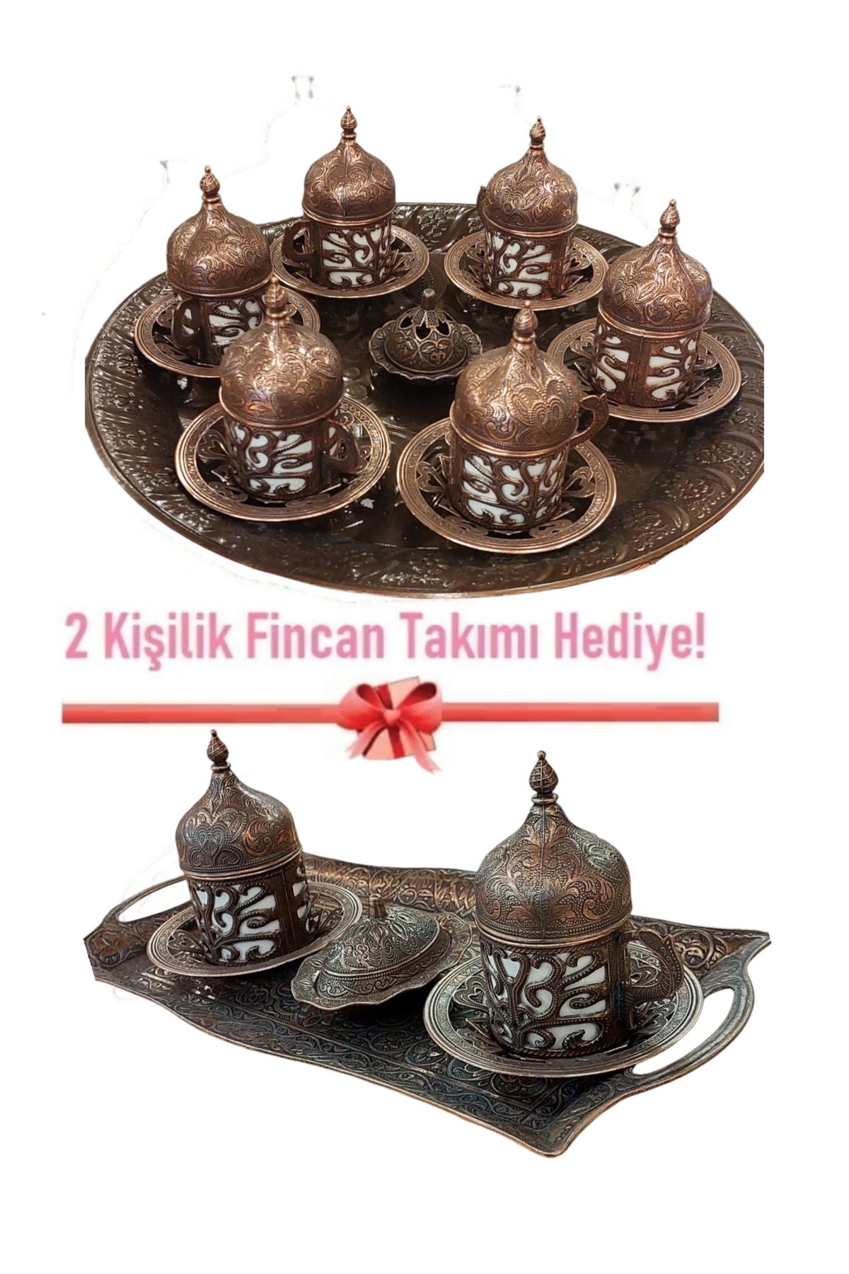 Bakır Center 6 Kişilik Fincan Takımı 6 Kişilik + 2 Kişilik - Bakır Osmanlı Desenli Türk Kahvesi Tepsi Lokumluk
