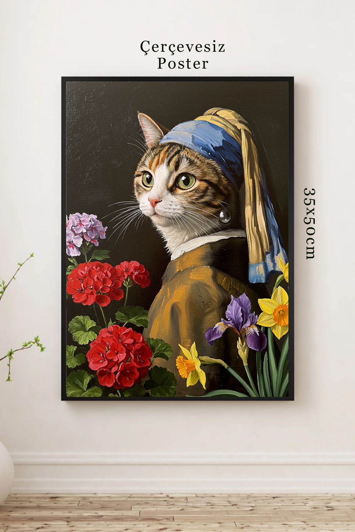 DARK AND BRIGHT "İnci Küpeli Kız Kedi Parodi Poster | Eğlenceli Sanatsal Duvar Dekoru Tablo Çerçevesiz 35x50 cm"