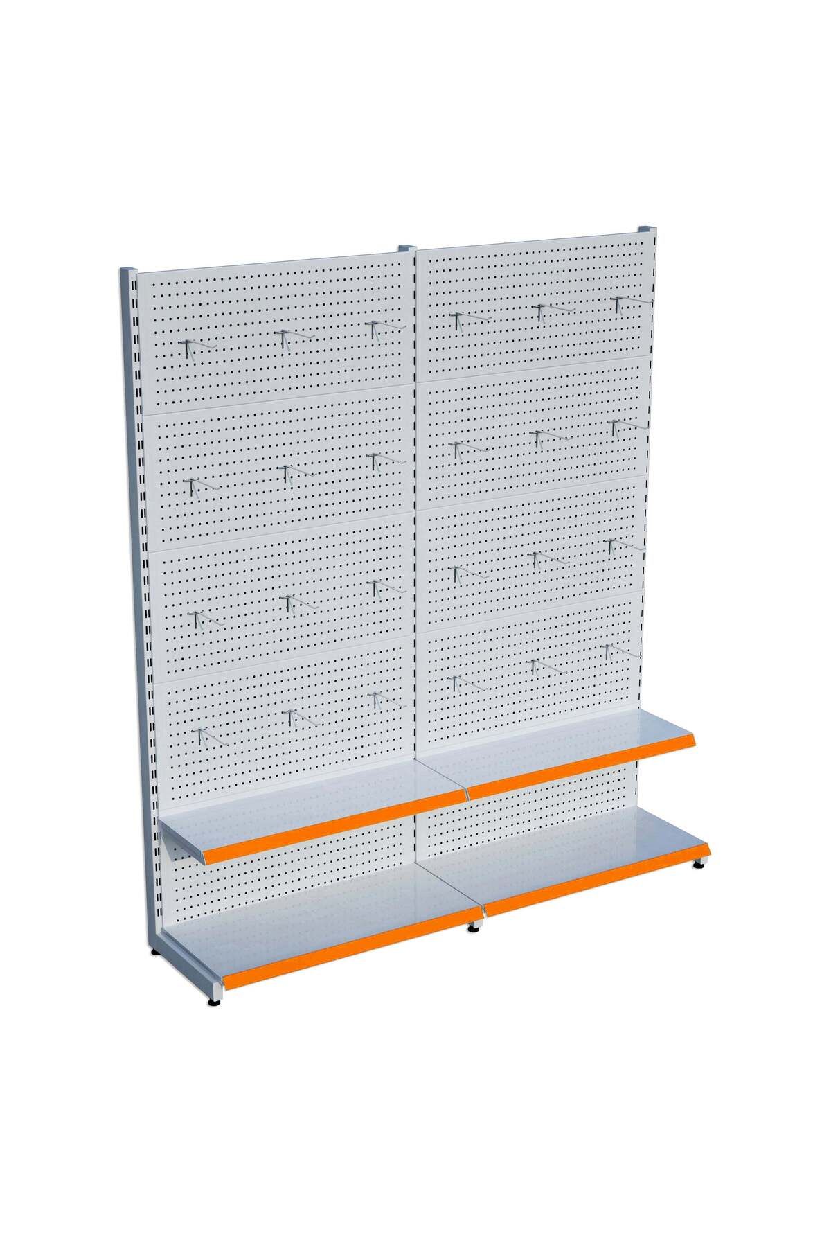 Raffar Beyaz Market Petshop Kırtasiye Rafı Hırdavat Rafı D30CMxG120CMxH220CM Beyaz Delikli Pano + Kancalı R