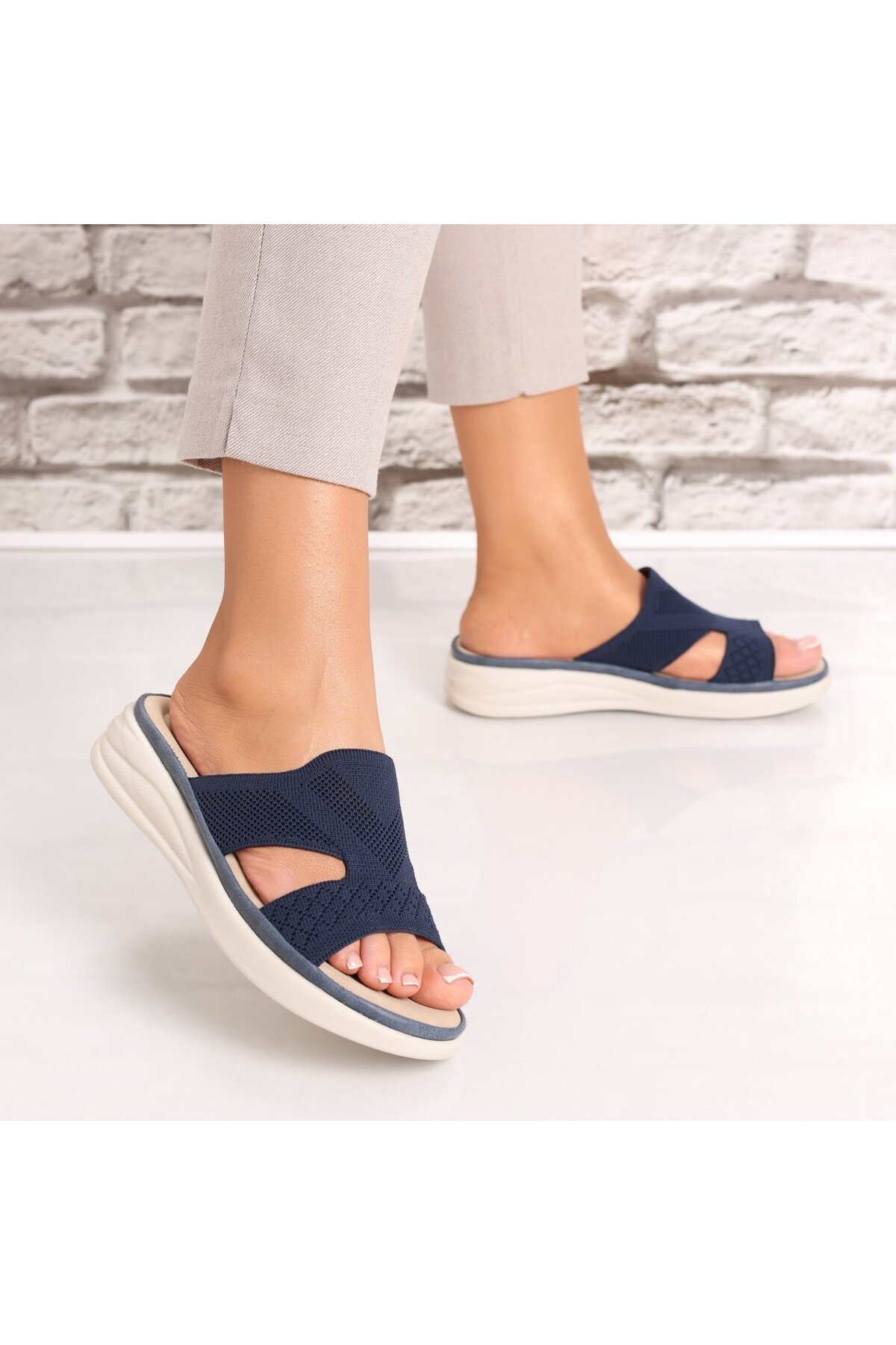 MODA STİL-Women's Navy Blue Flat Slippers Made of Textile Florina, 38 3
