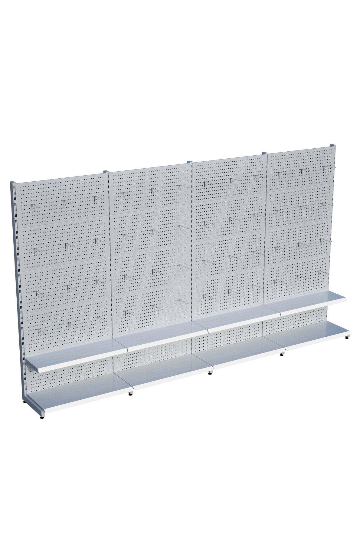 Raffar Beyaz Market Petshop Kırtasiye Rafı Hırdavat Rafı D30CMxG240CMxH220CM Beyaz Delikli Pano + Kancalı R