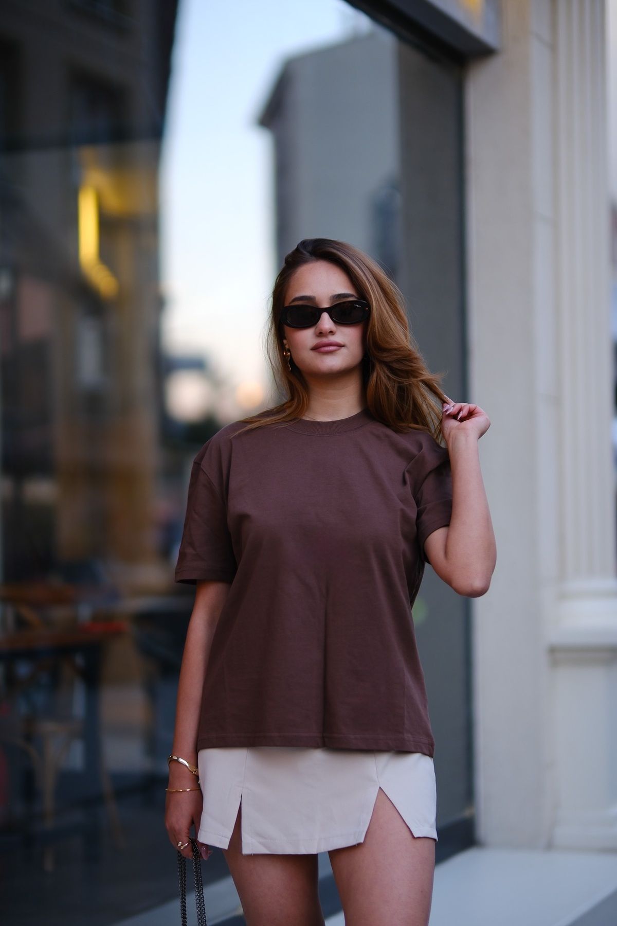 vaveylo women %100 Pamuk Premium Kahve Oversize T-shirt