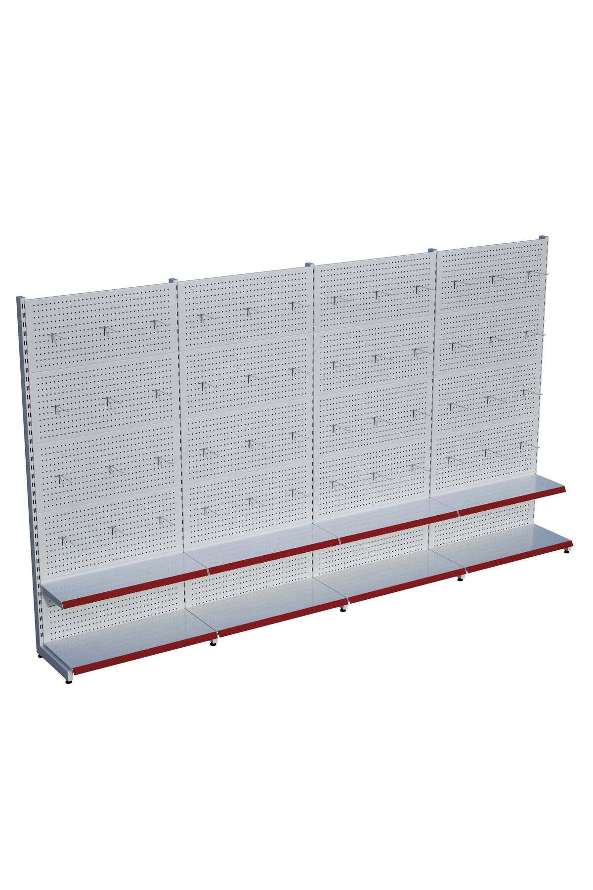 Raffar Beyaz Market Petshop Kırtasiye Rafı Hırdavat Rafı D30CMxG320CMxH220CM Beyaz Delikli Pano + Kancalı R